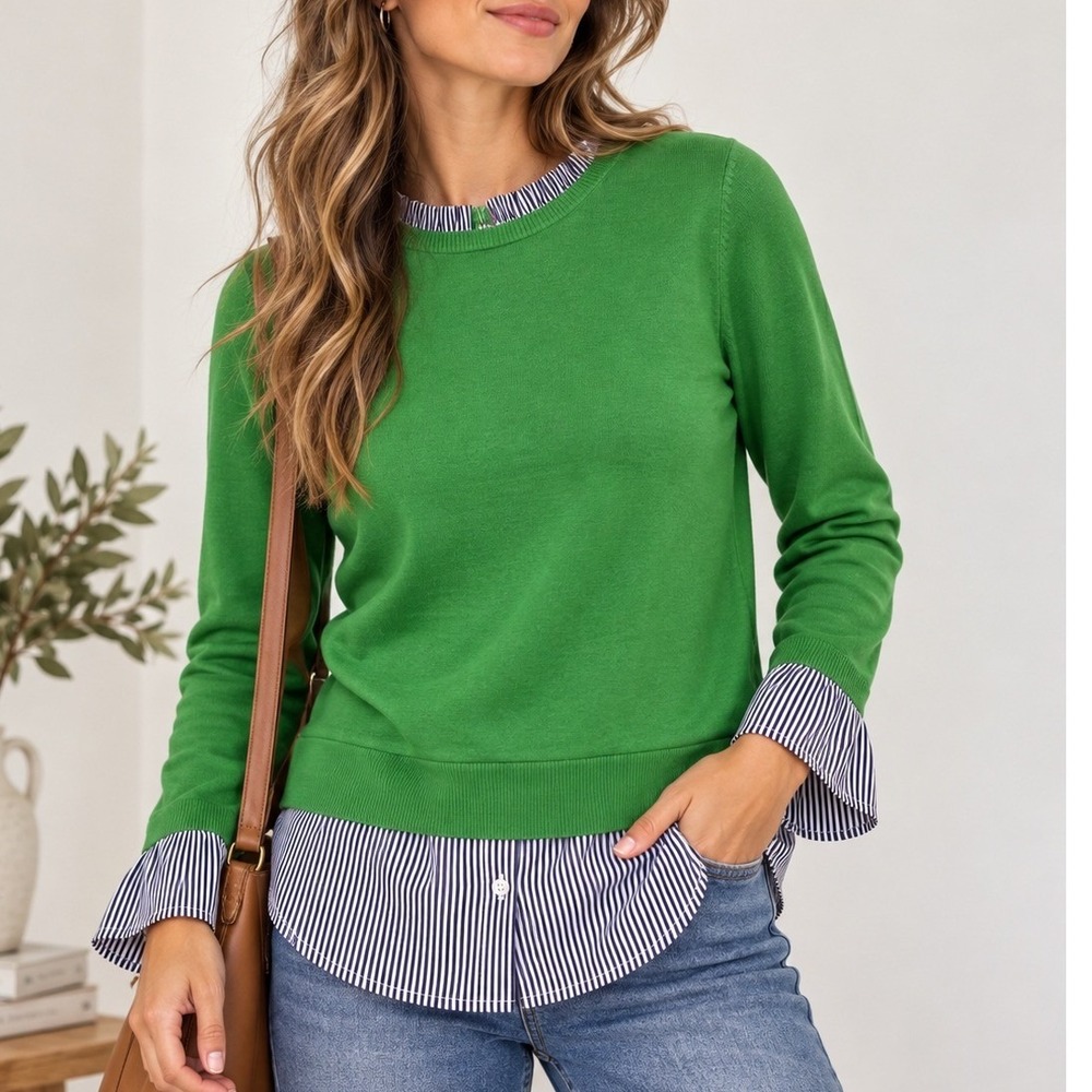 Crown & Ivy Sweater Women Medium Green Mixed Media Striped Hem Layered Look